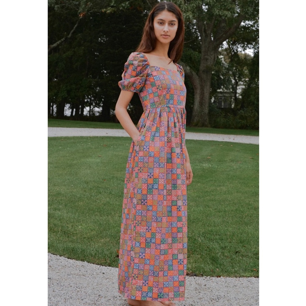 Coco Shop Short-Sleeve Maxi Dress in Navy Checkerboard